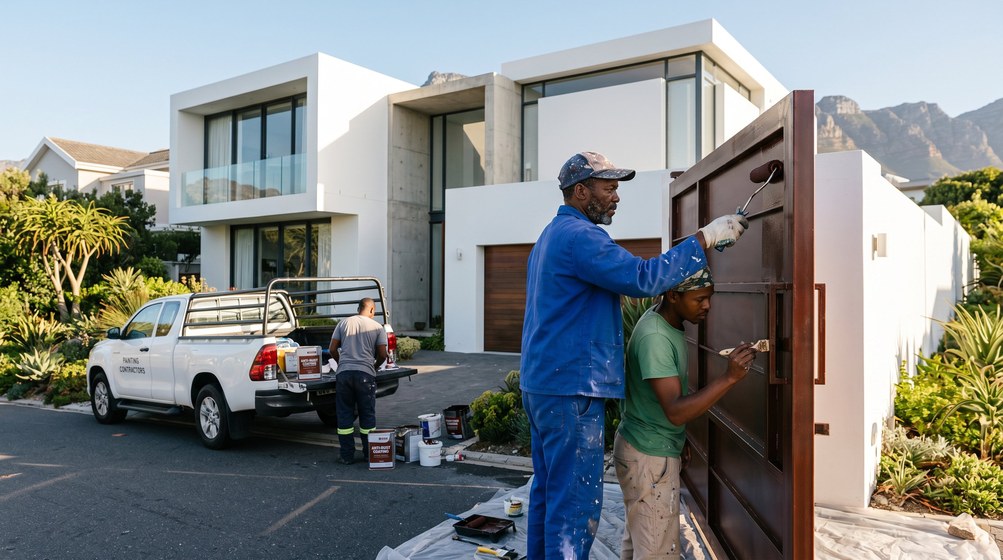 Professional anti-rust coating team applying rust protection to a metal gate in Sunset Beach