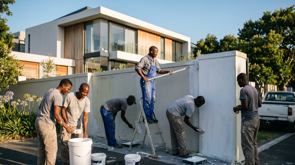 Professional team painting a boundary wall at a modern home in Sunset Beach