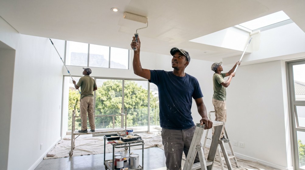 Professional ceiling painters rolling white paint onto a high ceiling in Sunset Beach