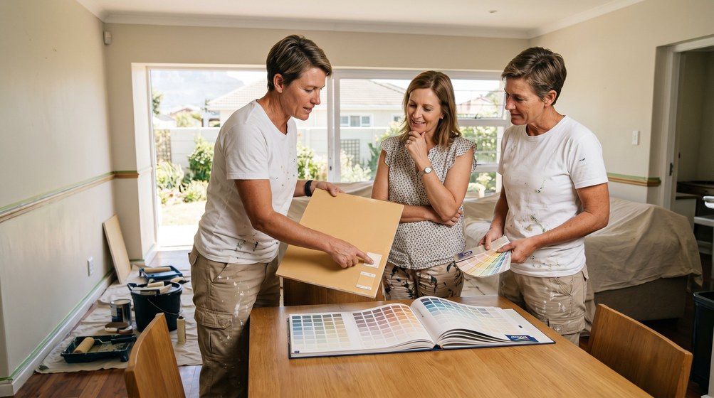 Professional colour consultant showing paint swatches to a homeowner in Sunset Beach