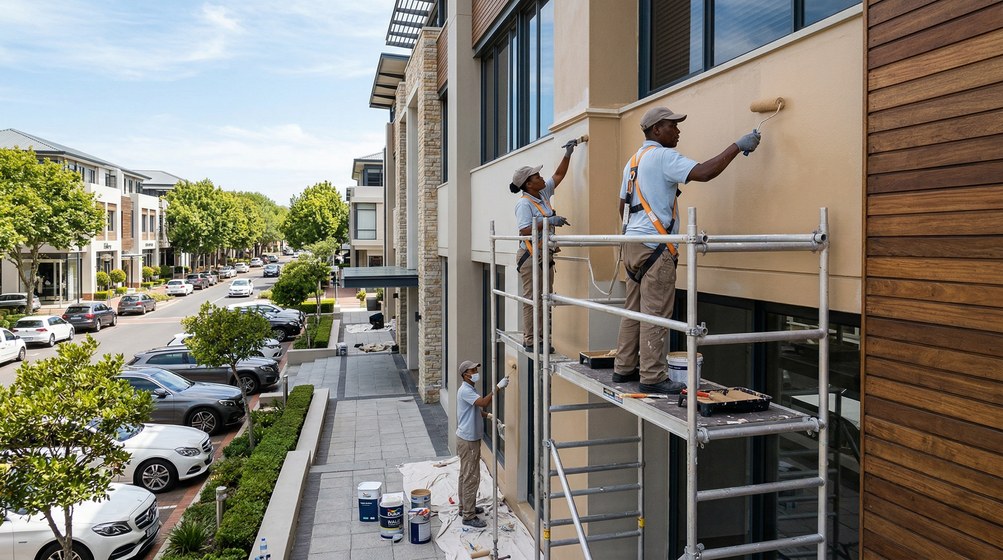 Professional commercial painters on scaffolding painting a building in Sunset Beach