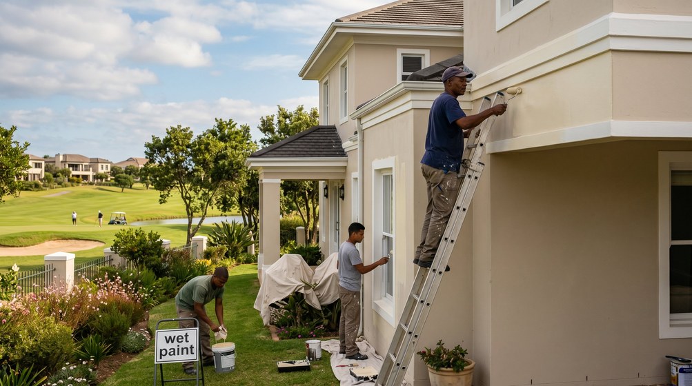 Professional estate painters painting a luxury golf estate home in Sunset Beach