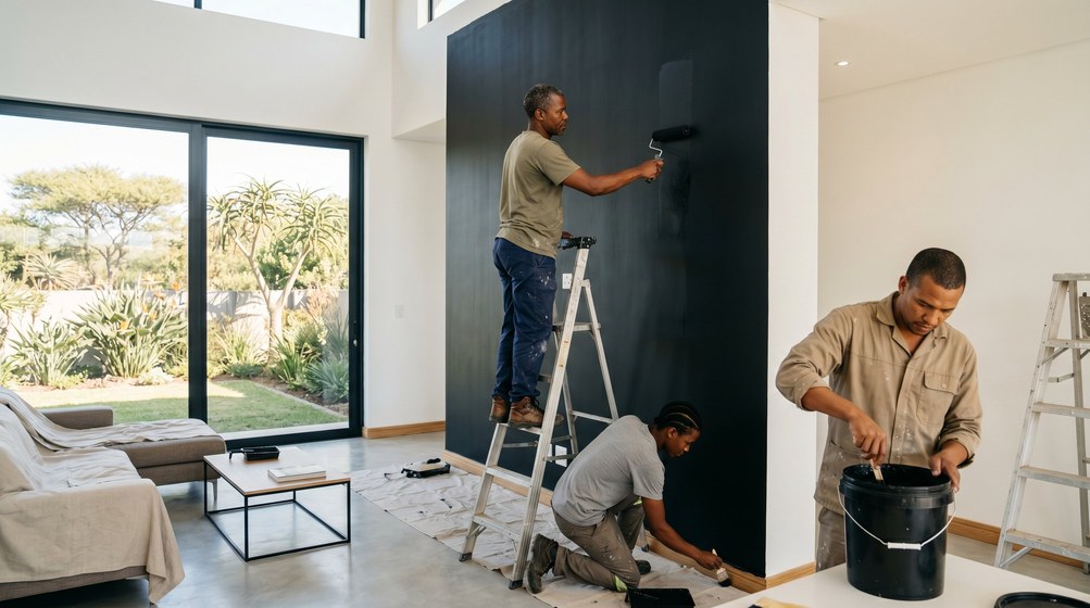 Professional painters creating a bold black feature wall in a modern Sunset Beach home