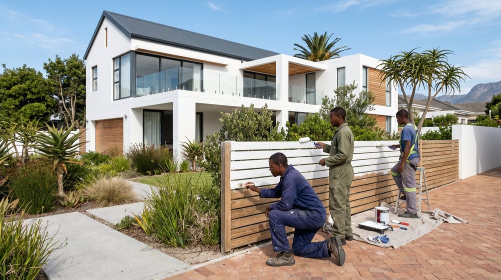 Professional fence painters painting a wooden fence at a Sunset Beach home