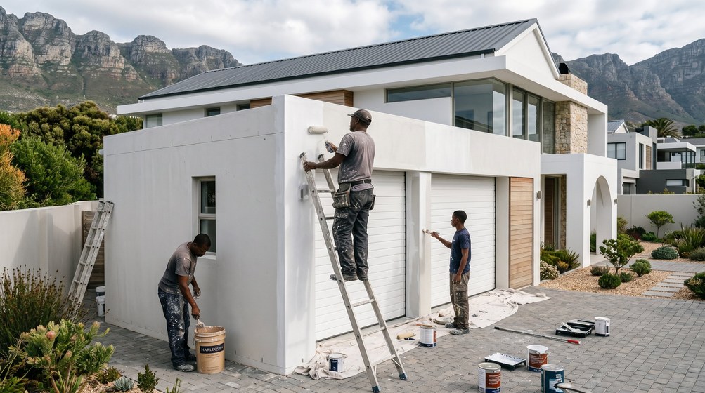 Professional painters painting a double garage exterior and garage doors in Sunset Beach
