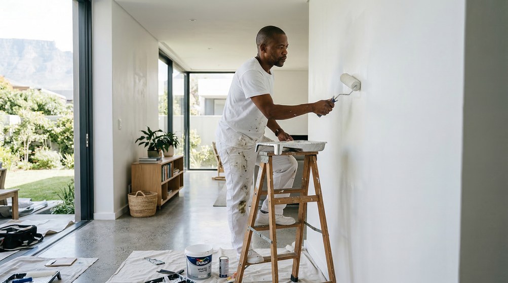 Professional interior painter in Sunset Beach painting walls with a roller