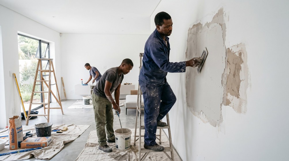 Professional plaster repair team skim coating damaged walls in Sunset Beach
