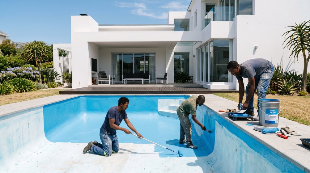 Professional pool painters applying blue pool paint to a swimming pool in Sunset Beach