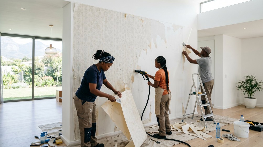 Professional wallpaper removal team stripping old wallpaper in a Sunset Beach home