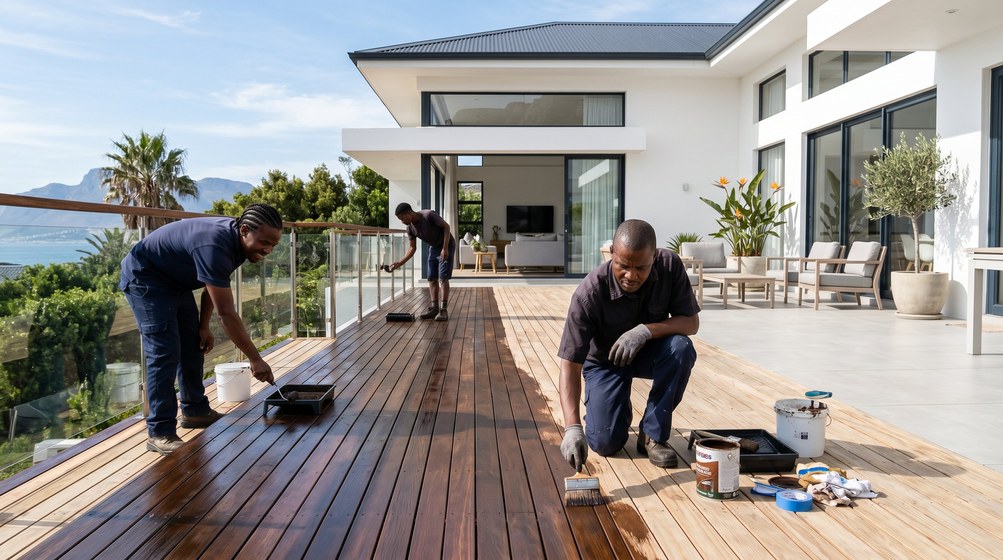 Professional wood staining team applying deck stain on a home in Sunset Beach